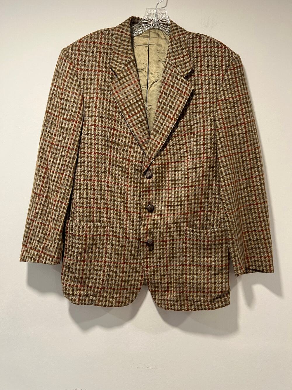 Mulberry England Wool Alpaca Houndstooth Plaid Brown Red Leather Buttons 48 JL